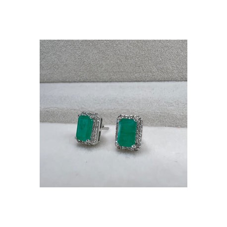 Emerald-Cut Emerald with Diamond Halo 14k Studs